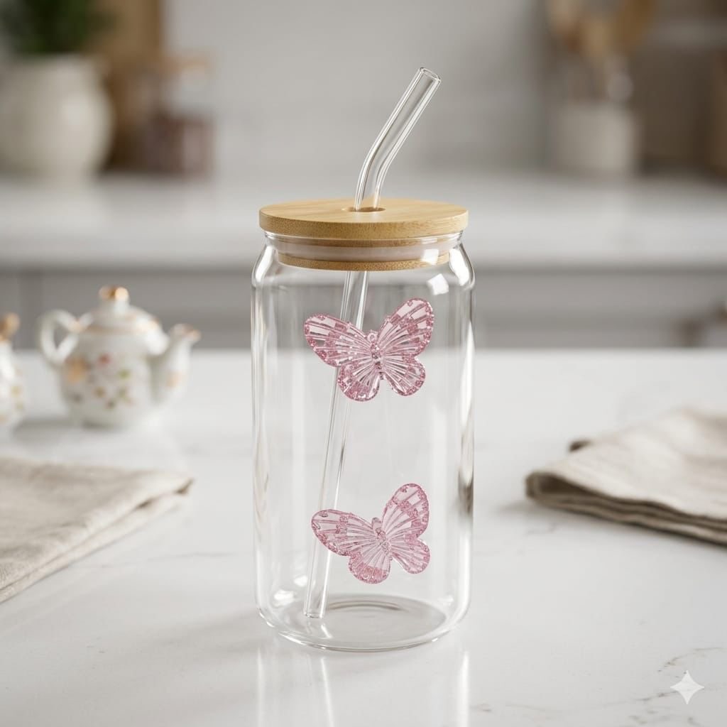 Twin Butterfly Glass Can Tumbler with Bamboo Lid & Glass Straw