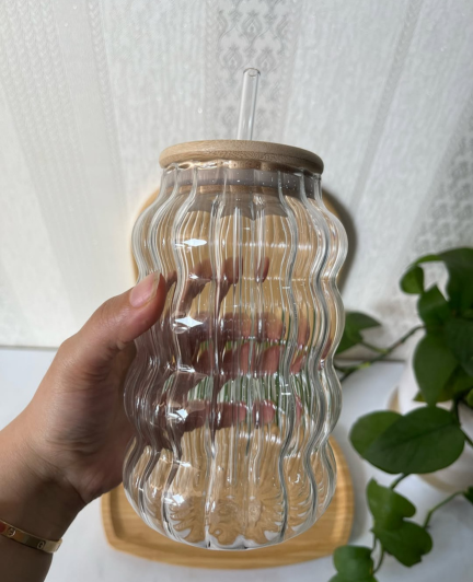Ripple Design Glass Drinking Cup with Bamboo Lid & Glass Straw