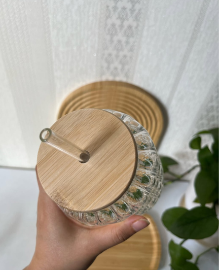 Ripple Design Glass Drinking Cup with Bamboo Lid & Glass Straw