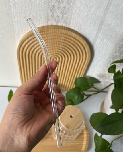 Ripple Design Glass Drinking Cup with Bamboo Lid & Glass Straw