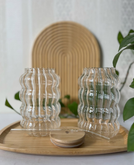 Ripple Design Glass Drinking Cup with Bamboo Lid & Glass Straw