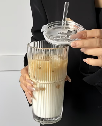 Striped Glass Coffee Cup with Lid & Straw – Available in 2 Sizes (Small & Large)