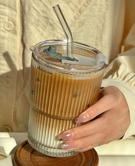 Striped Glass Coffee Cup with Lid & Straw – Available in 2 Sizes (Small & Large)