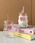 Elegant Bow Wavy Glass Tumbler with Wooden Lid & Straw