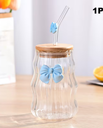 Elegant Bow Wavy Glass Tumbler with Wooden Lid & Straw