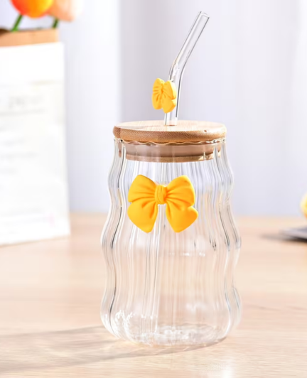 Elegant Bow Wavy Glass Tumbler with Wooden Lid & Straw