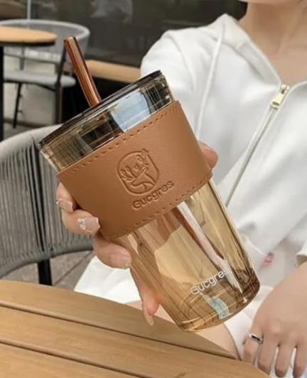 Premium Insulated Tumbler Cup with Straw & Leather Grip Sleeve