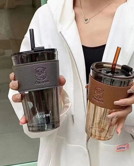 Premium Insulated Tumbler Cup with Straw & Leather Grip Sleeve