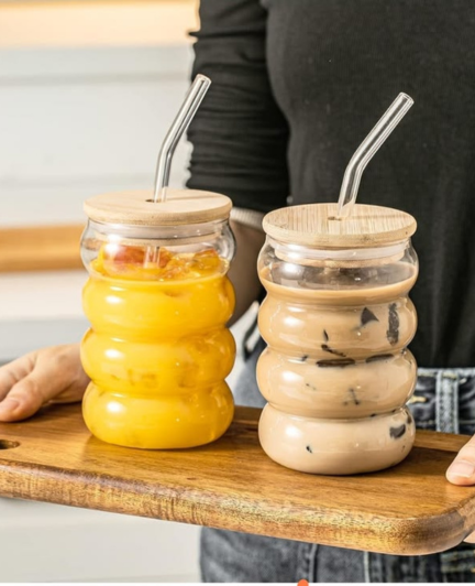 Bubble Shape Glass Drinking Jar with Bamboo Lid & Stainless Steel Straw (Reusable Smoothie Cup)
