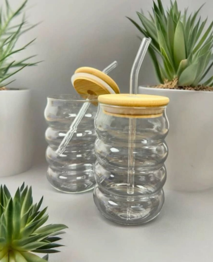 Bubble Shape Glass Drinking Jar with Bamboo Lid & Stainless Steel Straw (Reusable Smoothie Cup)