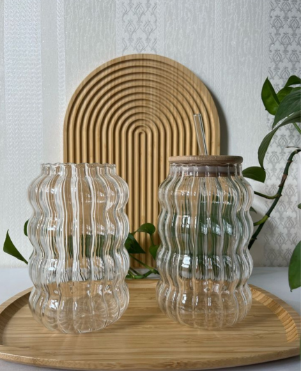 Ripple Design Glass Drinking Cup with Bamboo Lid & Glass Straw