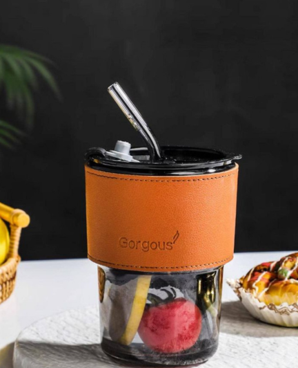 Glass Tumbler with Leather Sleeve, Lid & Straw