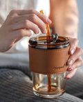 Glass Tumbler with Leather Sleeve, Lid & Straw