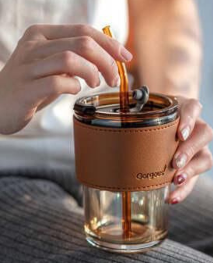 Glass Tumbler with Leather Sleeve, Lid & Straw