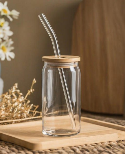 Elegant Glass Drinking Jar with Bamboo Lid & Reusable Glass Straw