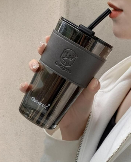 Premium Insulated Tumbler Cup with Straw & Leather Grip Sleeve