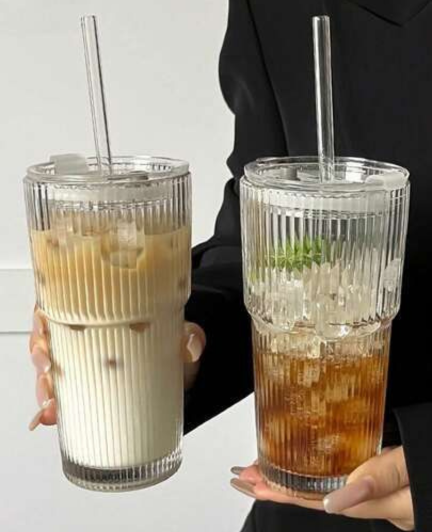 Striped Glass Coffee Cup with Lid & Straw – Available in 2 Sizes (Small & Large)