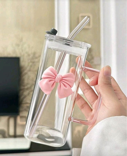 350ml Clear Square Glass Mug with Handle, Lid & Straw