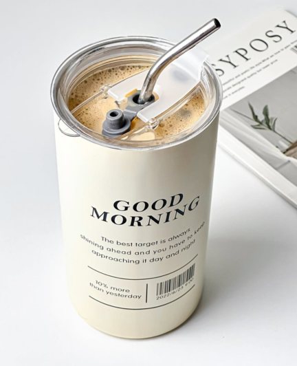 “Good Morning” Insulated Coffee Mug with Straw