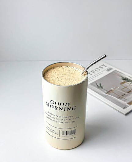 “Good Morning” Insulated Coffee Mug with Straw