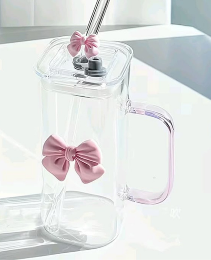 350ml Clear Square Glass Mug with Handle, Lid & Straw
