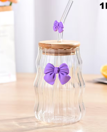 Elegant Bow Wavy Glass Tumbler with Wooden Lid & Straw