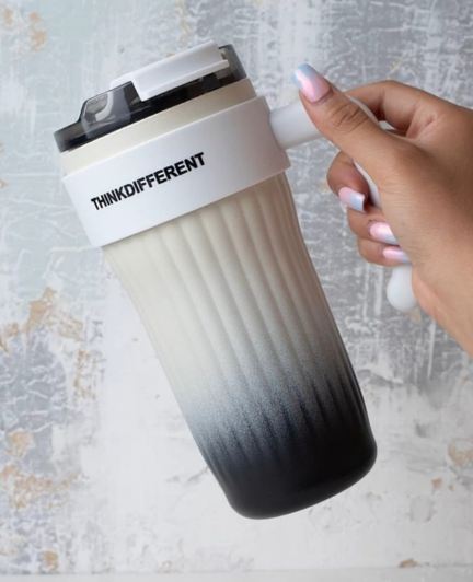 ThinkDifferent Gradient Ribbed Tumbler With Handle & Straw – Stylish Insulated Travel Cup