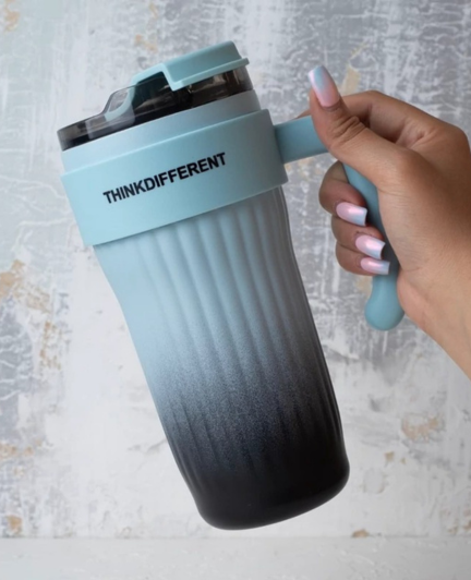 ThinkDifferent Gradient Ribbed Tumbler With Handle & Straw – Stylish Insulated Travel Cup