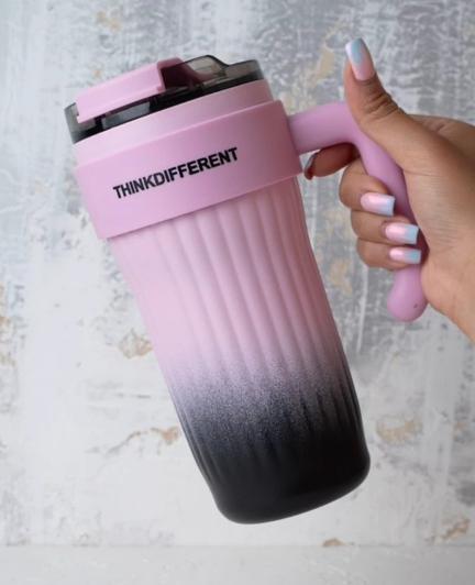 ThinkDifferent Gradient Ribbed Tumbler With Handle & Straw – Stylish Insulated Travel Cup