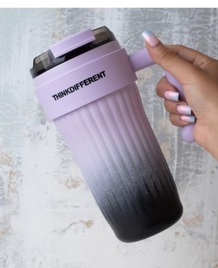 ThinkDifferent Gradient Ribbed Tumbler With Handle & Straw – Stylish Insulated Travel Cup