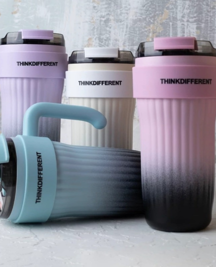 ThinkDifferent Gradient Ribbed Tumbler With Handle & Straw – Stylish Insulated Travel Cup