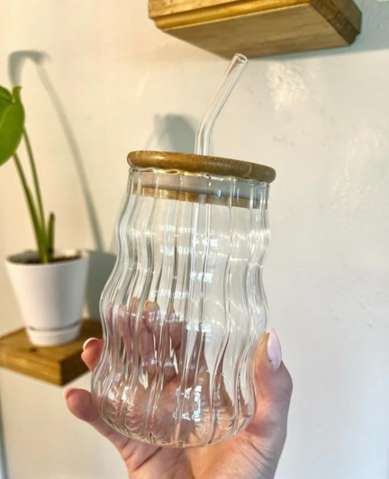 Elegant Ripple Glass Jar with Bamboo Lid & Glass Straw