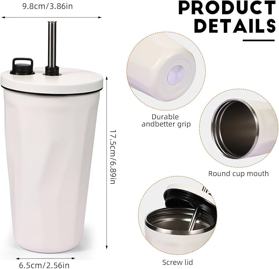 Travel Tumbler Stainless Steel Vacuum Insulated with Lid and Straw White 600ml
