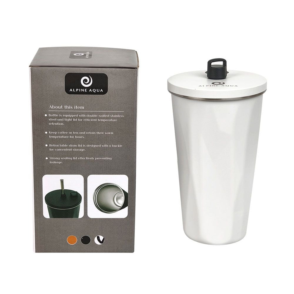 Travel Tumbler Stainless Steel Vacuum Insulated with Lid and Straw White 600ml