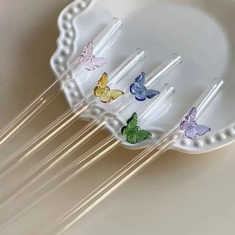 Butterfly Charm Glass Straw Set – 4pcs Reusable Straws with Cleaner