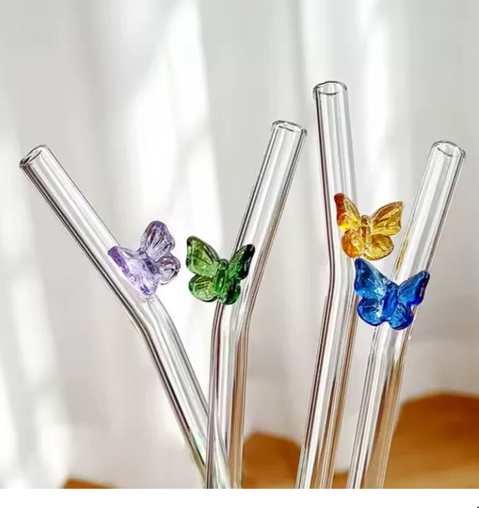 Butterfly Charm Glass Straw Set – 4pcs Reusable Straws with Cleaner