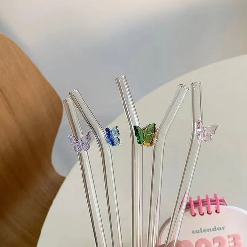 Butterfly Charm Glass Straw Set – 4pcs Reusable Straws with Cleaner