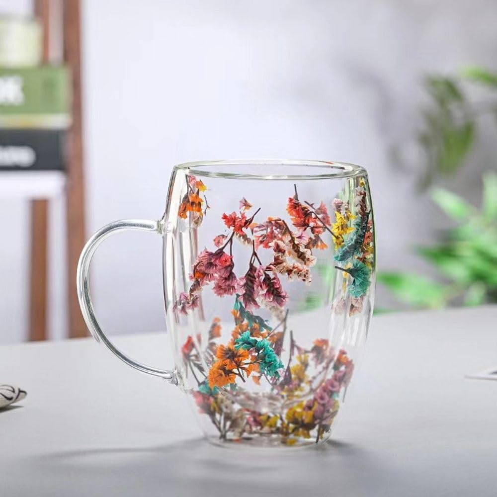 Dry Flowers Double Wall Glass Cup With Handle (350ml)