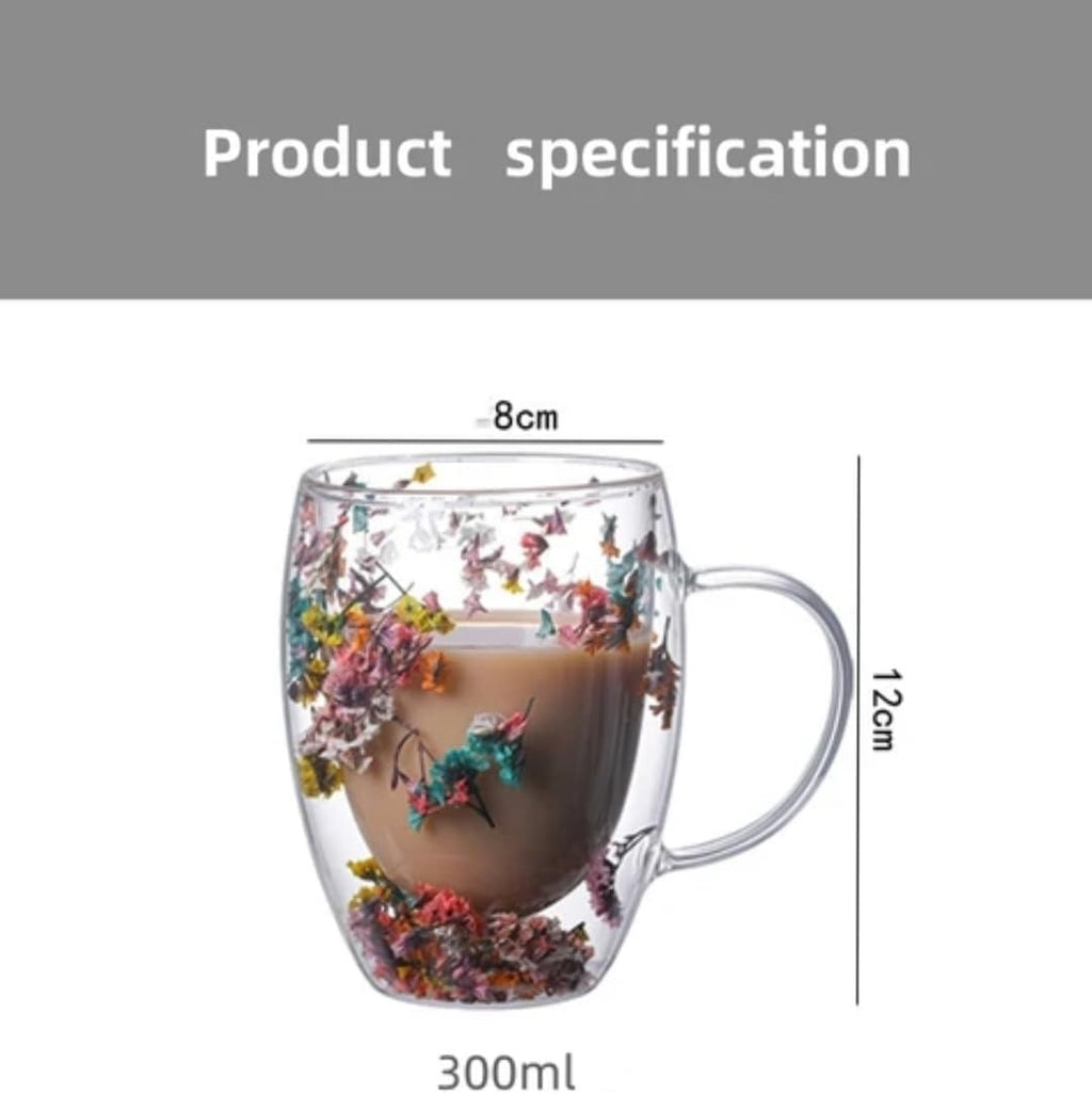 Dry Flowers Double Wall Glass Cup With Handle (350ml)