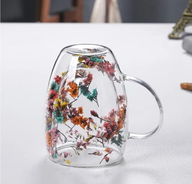 Dry Flowers Double Wall Glass Cup With Handle (350ml)