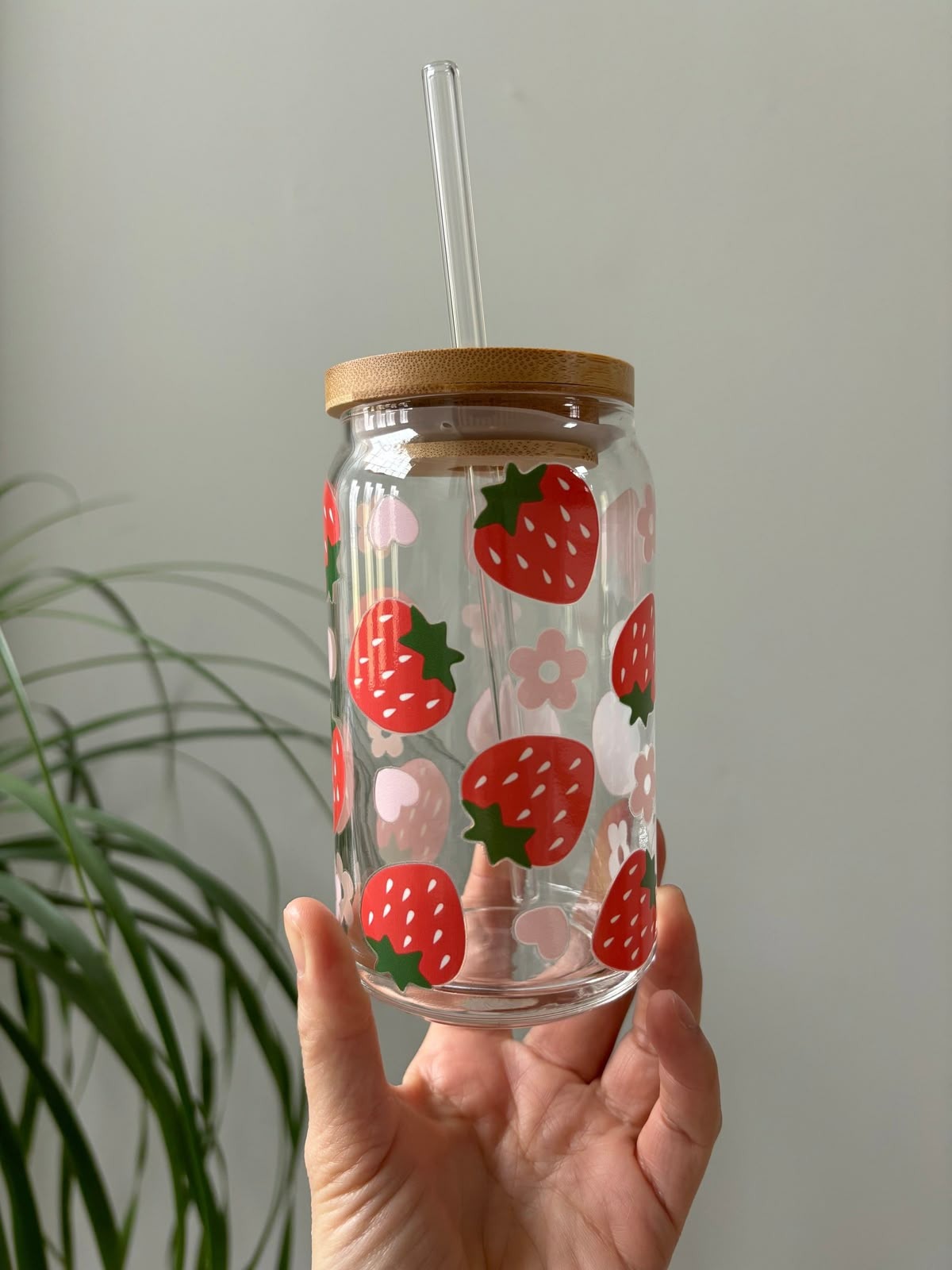 strawberry Glass Tumbler with straw