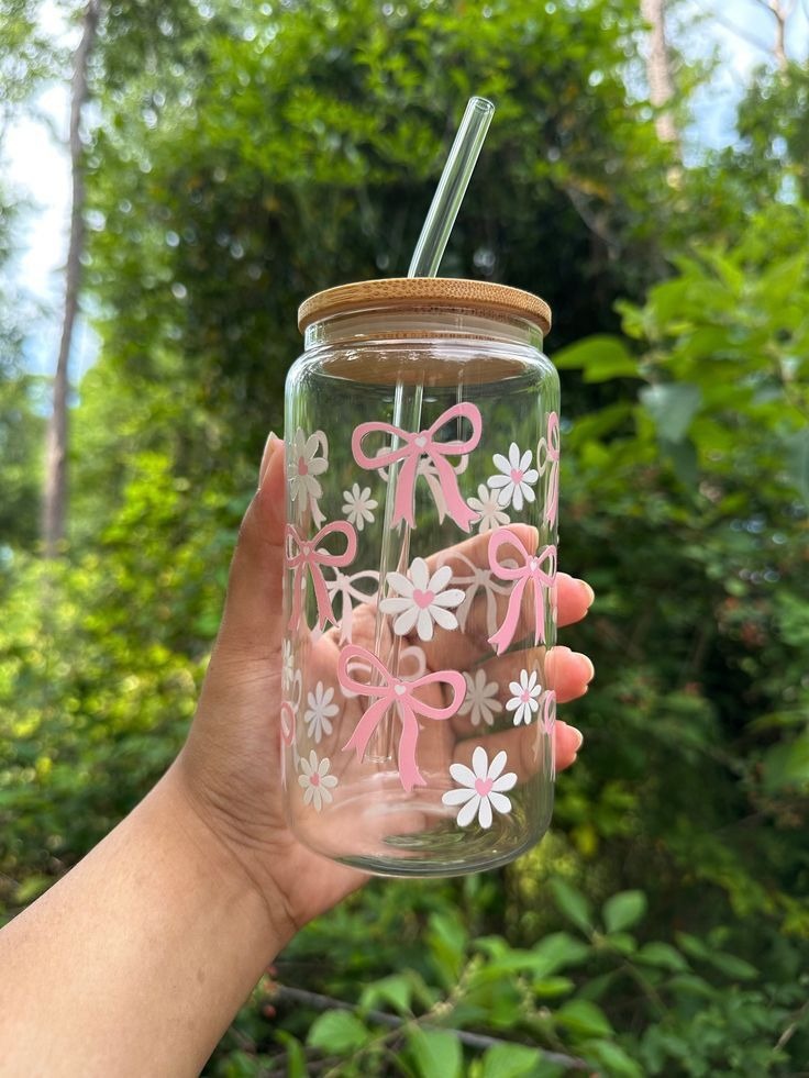 flower bow Glass Tumbler with straw